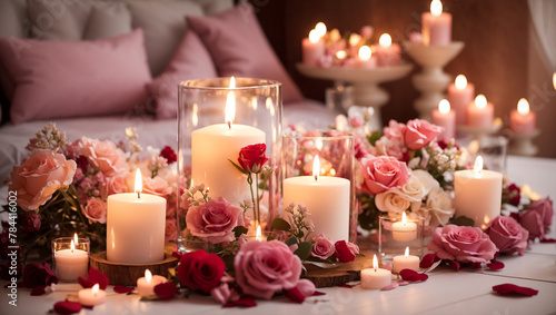 A table set with candles and pink roses.