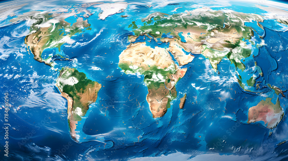 World map, Earth flat view from space. Physical map on global satellite photo World map, Earth flat view from space. Physical map on global satellite photo