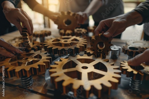 Team of people collaborating on a project with wooden table and gears in front of them