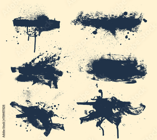 Set of Spray Paint Vector Elements, Brush Lines and Drips Black ink splatters, Ink blots set, Street style. Hand drawn abstract shapes in doodle grunge style. Vector isolated on White Background.