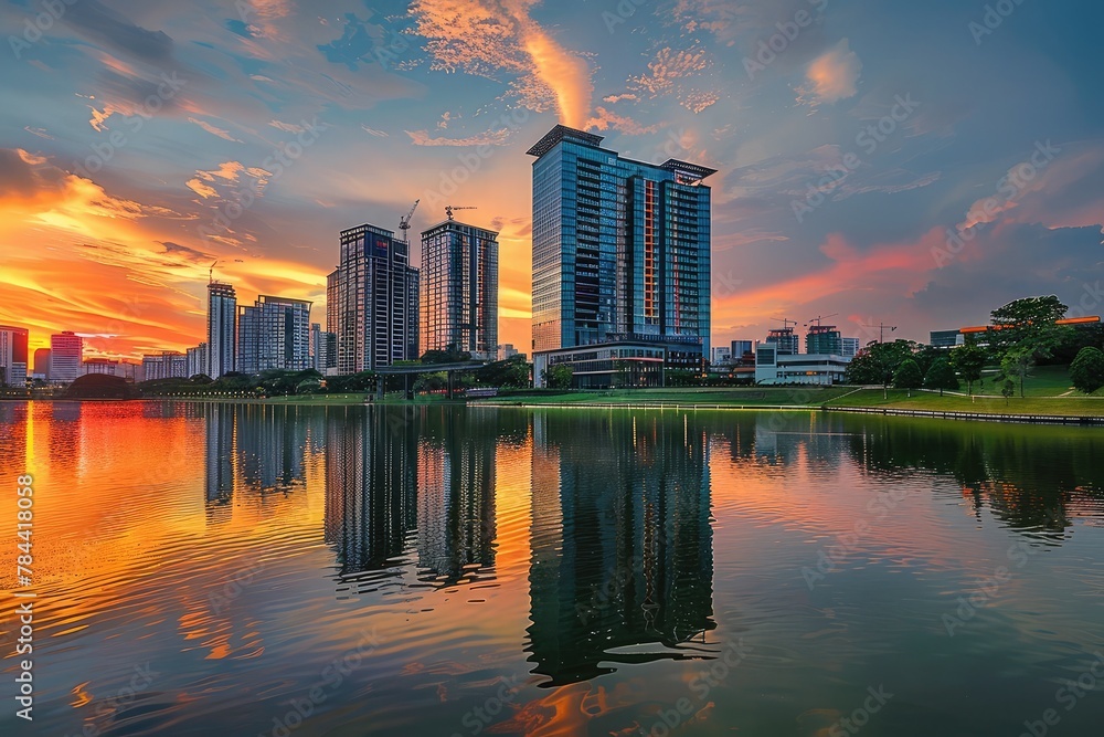 Fototapeta premium Modern office buildings by Putrajaya Lake, Malaysia at sunset