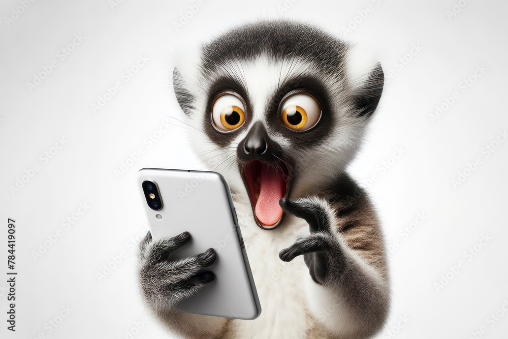 surprised lemur holding a smartphone with a white screen on a white background surprised lemur holding a smartphone with a white screen on a white background