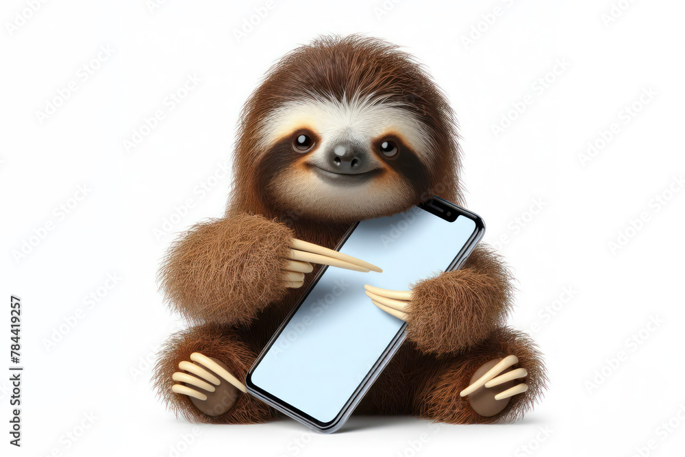 Fototapeta premium funny sloth pointing on smartphone with white screen on white background