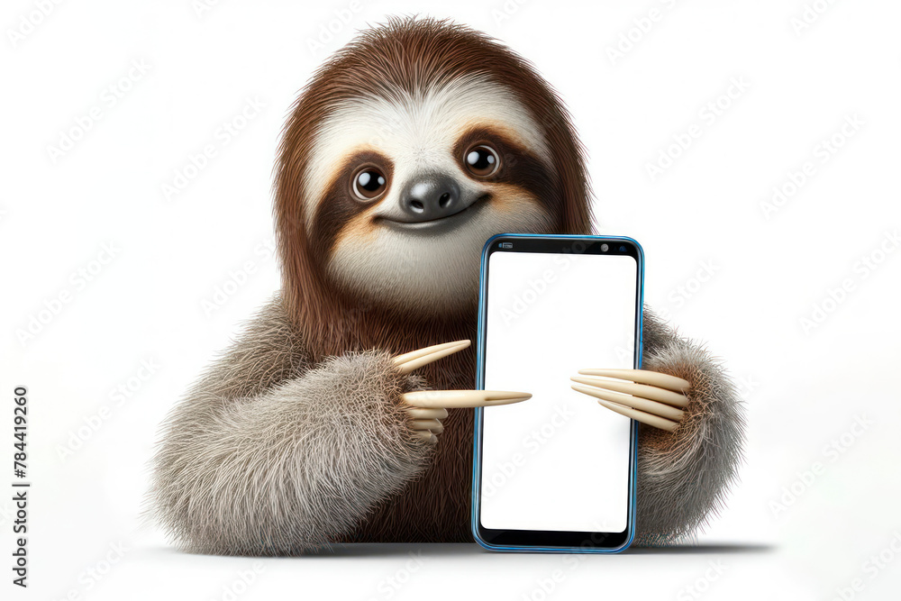 Naklejka premium funny sloth pointing on smartphone with white screen on white background