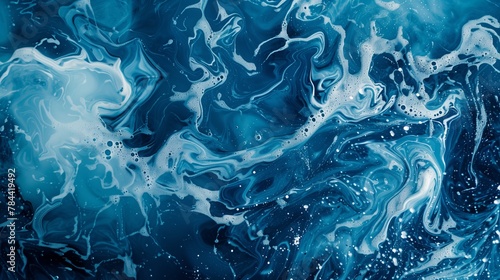 Blue Liquid Art with Marble Swirls and Foam