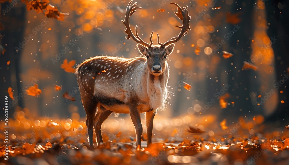 beautiful portrait of a reindeer amidst an idyllic autumn scene, its confident stride accentuated by fallen autumn leaves beautiful portrait of a reindeer amidst an idyllic autumn scene, its confident stride accentuated by fallen autumn leaves