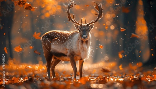 beautiful portrait of a reindeer amidst an idyllic autumn scene, its confident stride accentuated by fallen autumn leaves photo