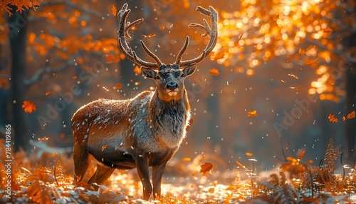 beautiful portrait of a reindeer amidst an idyllic autumn scene, its confident stride accentuated by fallen autumn leaves photo