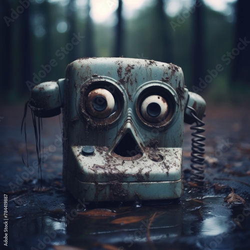 A sad, old analog telephone with human features—eyes, nose, mouth, and ears—is depicted. It's blue in color and placed within a rainy forest during twilight.