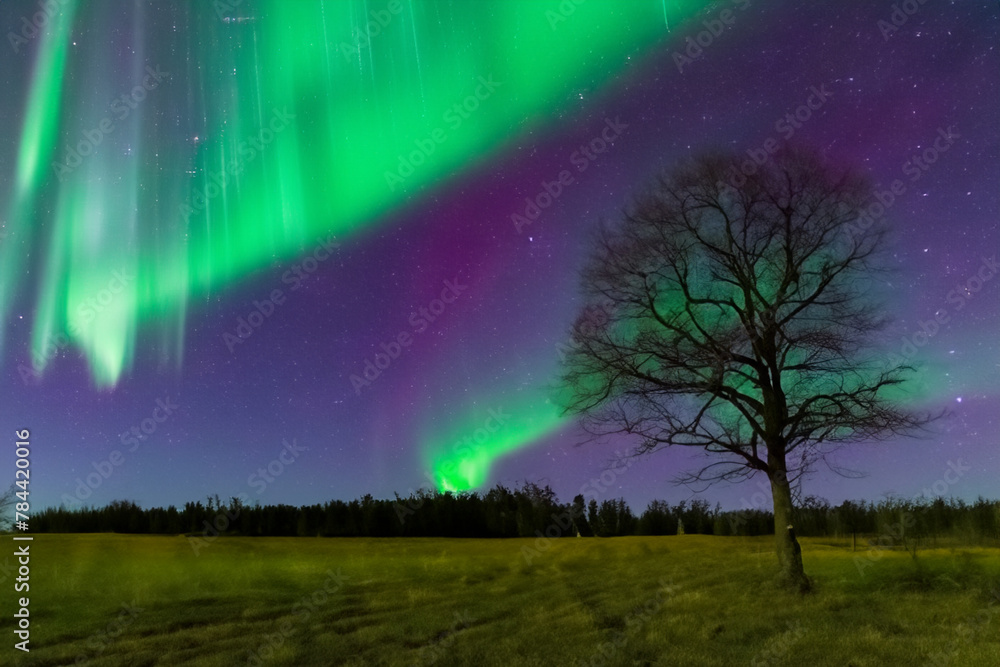 northern lights. tree stands on a green field under the sky with northern lights, nature concept