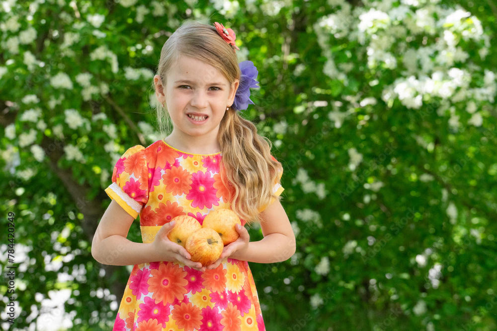 little blonde girl in a red jacket holding apples in her hands on the street little blonde girl in a red jacket holding apples in her hands on the street