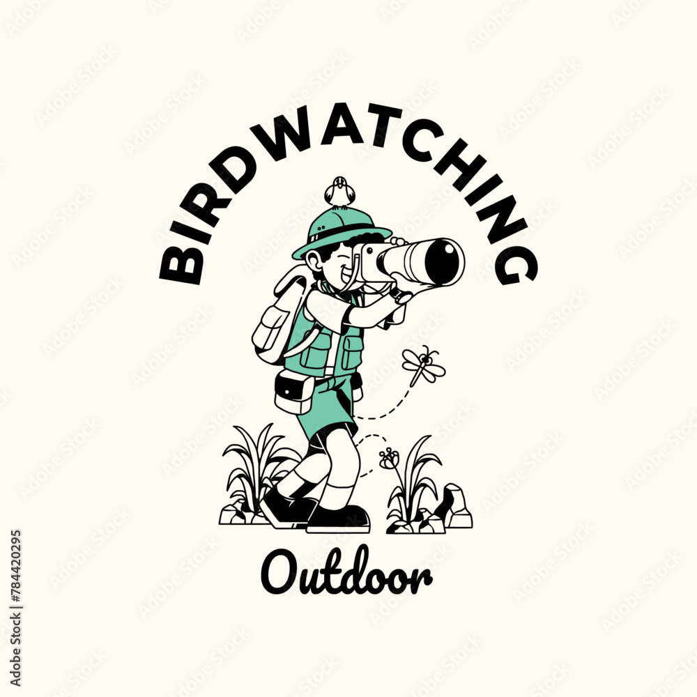 Man birdwatching in the forest - adventure time Man birdwatching in the forest - adventure time
