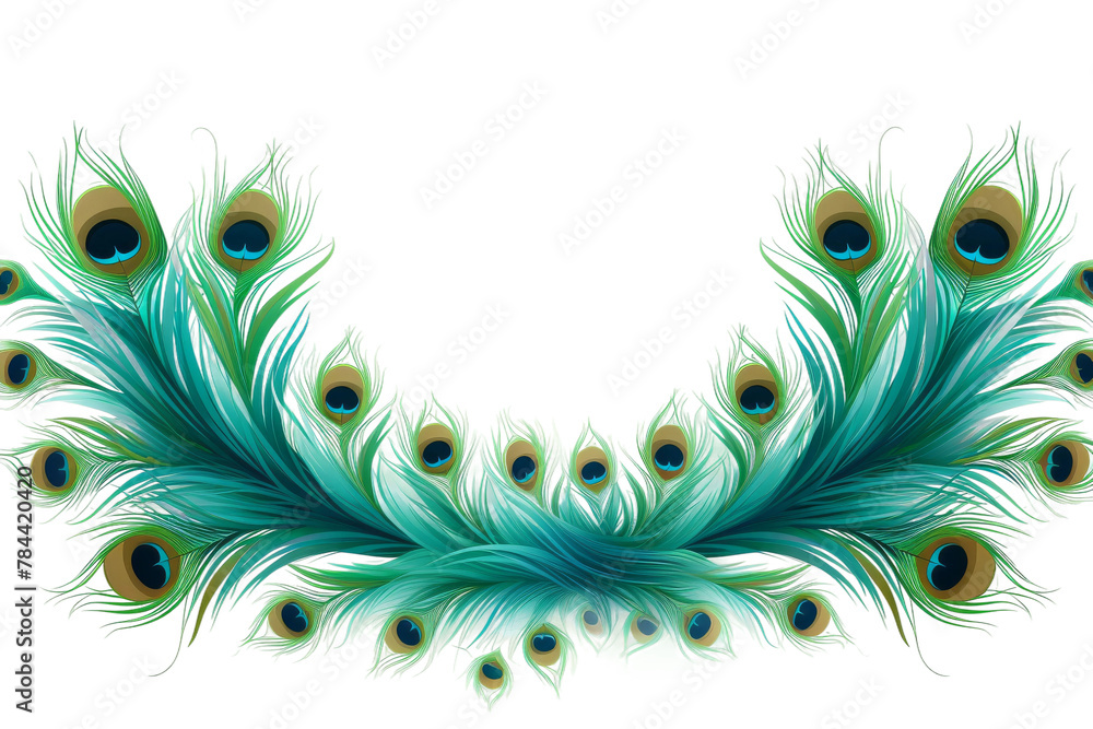 Fototapeta premium Elegant peacock feather border, teal green plume decoration, ornamental bird feather frame for wedding invites and luxury branding isolated on Transparent Background