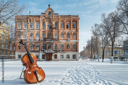 The building of the Children`s Music School on Karl Marx Street and the entrance to the square named after Klimenko in Smolensk under the spring blue sky