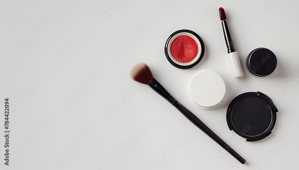 set of cosmetics on a white table on a white background top view set of cosmetics on a white table on a white background top view