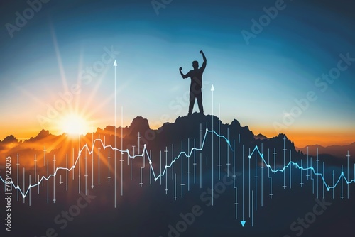 A stock market chart with an upward trend, rising on top of the mountain A man is standing above his head holding up one hand in victory pose Behind him theres the sun and sky, a beautiful sunrise, wi photo