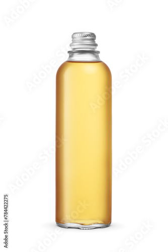 Clean yellow soda in glass bottle with silver aluminum screw cap isolated. Transparent PNG image.