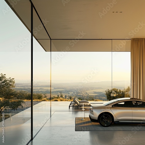 parked car house overlooking the landscape. view from inside through a large window. generative ai