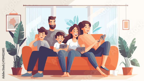 Happy family sitting on sofa over isolated background