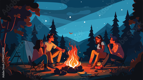 Happy friends sitting near campfire at summer night