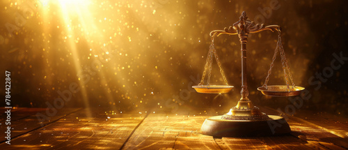 Symbol of justice: golden scale on wooden base illuminated by spotlight, concept banners for lawyers and court photo