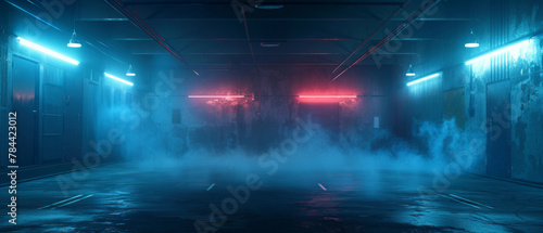 A mysterious and atmospheric depiction of a dark empty street illuminated by neon lights and spotlights, creating a moody and surreal night scene.