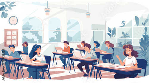Happy pupils studying in classroom isolated flat vector