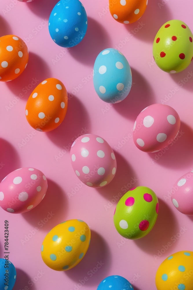 Vibrant Easter eggs with colorful polka dots on a pretty pink background for festive celebration concept Vibrant Easter eggs with colorful polka dots on a pretty pink background for festive celebration concept