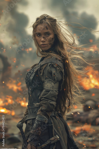 A stunning female warrior stands bravely amidst a chaotic post-apocalyptic scene, showcasing her strength and resilience in the face of danger and destruction.