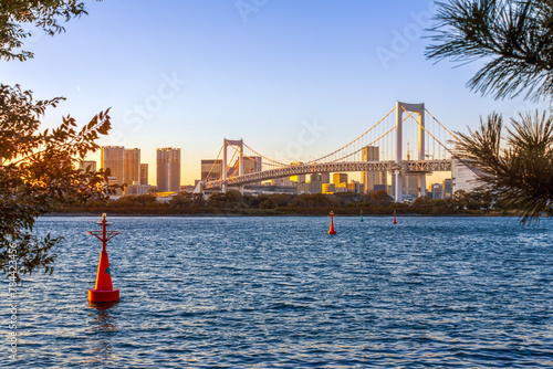 Fotografie The sunset view of Rainbow Bridge with a buoy in the front in Odaiba, Tokyo, Japan