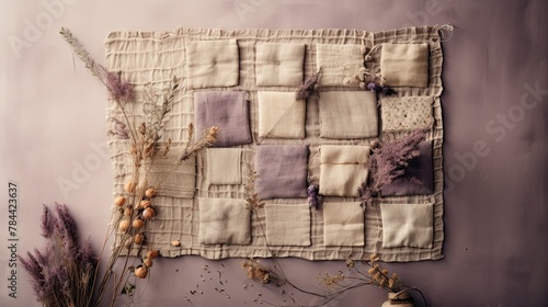 A composition of vintage fabric squares in muted tones integrated with dried lavender and rosebuds.