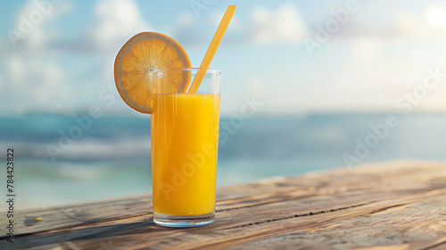 Orange juice is on the wooden table top with blurred background of seaside, Generative AI