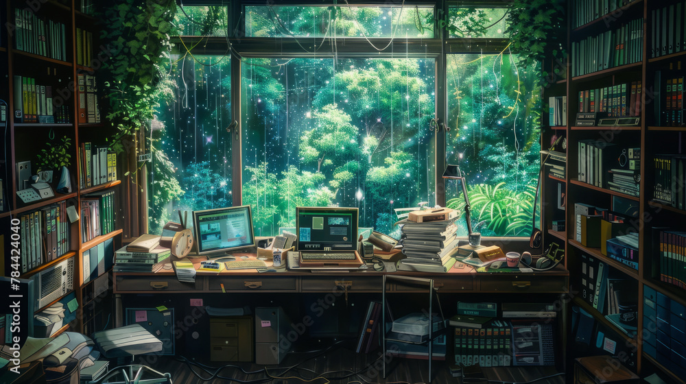 A cozy and colorful lofi study desk set in an empty interior, with a messy desk, jungle anime and manga style d?cor