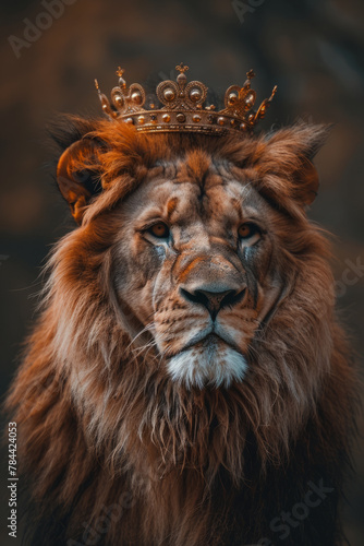 Majestic lion as the monarch of the animal kingdom  adorned with a golden crown symbolizing power and dominance.