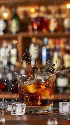 A whiskey glass with ice cubes and a splash of cola, creating an artistic composition on the bar counter The background features various bottles and glasses in soft focus, emphasizing details Use a Ca