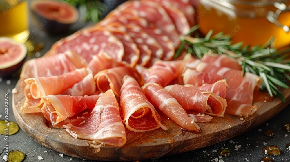  prosciutto atop it, figs and olives nearby on the table