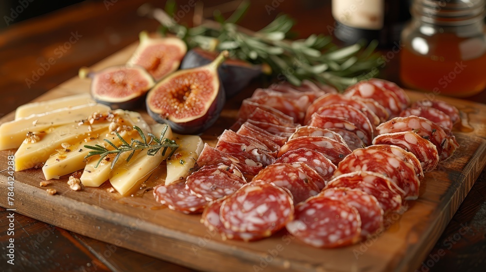   A wooden cutting board, laden with sliced meats and cheeses, adjacent to figs and a jar of honey