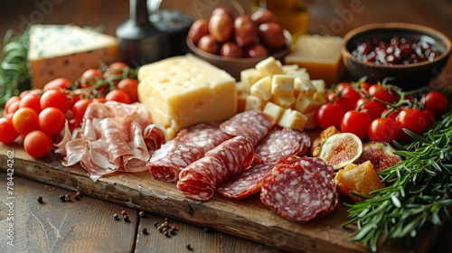  A cutting board displaying an assortment of meats, cheeses, tomatoes, olives, and other culinary offerings