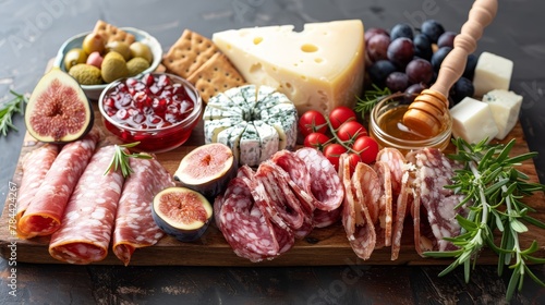  A platter with assorted meats, cheeses, crackers, olives, tomatoes, and other appetizing foods
