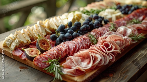  A wooden platter displays an assortment of meats, cheeses, fruits, and meats on a table