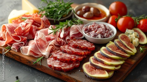  A cutting board bears an assortment of meats, cheeses, veggies, olives, and tomatoes