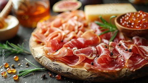  A wooden platter with prosciutto, cheese, olives, and honey