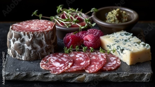   A stone platter holds an assortment of meats and cheeses Nearby, a bowl brims with ripe raspberries