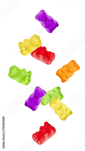 Schilderij op canvas Falling Colorful jelly gummy bear, isolated on white background, full depth of f
