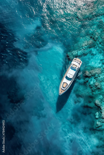 Luxury speed boat floating on azure sea captured from birdseye aerial view.