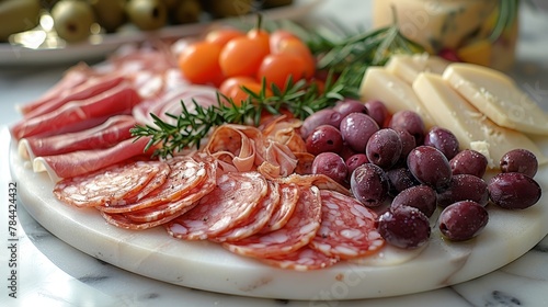  A marble platter with a spread of meats, cheeses, olives, tomatoes, and assorted cheeses
