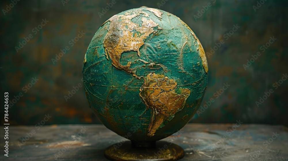 An antique globe with a greenish patina and gilded continents presents a vintage exploration theme, suitable for educational and historical contexts An antique globe with a greenish patina and gilded continents presents a vintage exploration theme, suitable for educational and historical contexts