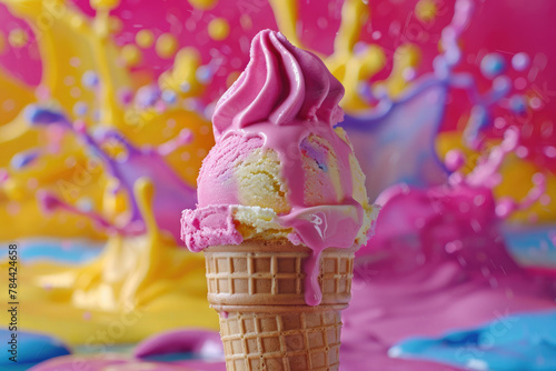 Beautiful dessert background with multi-colored melting fruit or berry ice cream in a waffle cone on a background of splash, ice cream, yogurt. Beautiful advertising background