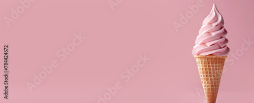 Pink fruit or berry ice cream in a waffle cone on a pink background. Banner. Copy space for text. Mockup