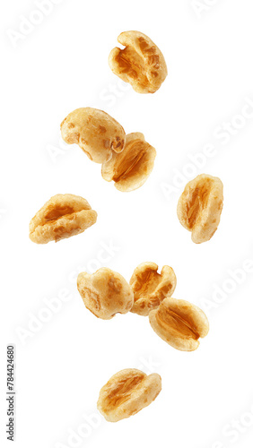 Obraz na płótnie Falling puffed Wheat cereal, isolated on white background, full depth of field